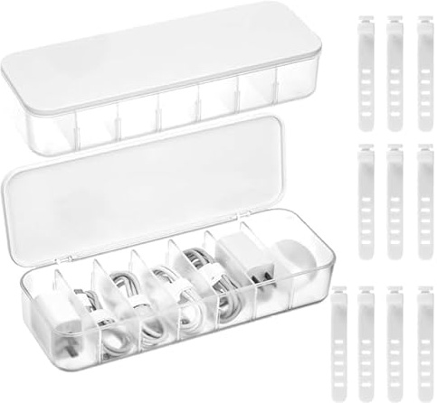 2 Pcs Cable Management Box with Lid, 7 Compartment Data Tidy, Plastic Storage Box for Charger Organiser, Desk Wire TID（Transparent with 10 Cable Ties）