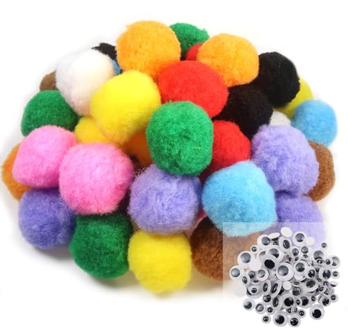 TOAOB 50 Stück Pompons zum Basteln Groß 5 cm Bunte Pompom Flauschigen Plüsch Bälle Kunst Bommel mit 100 Stück Selbstklebend Wackelaugen für Dekorieren Verzieren Nähen DIY Lustige Kreativen Handwerk