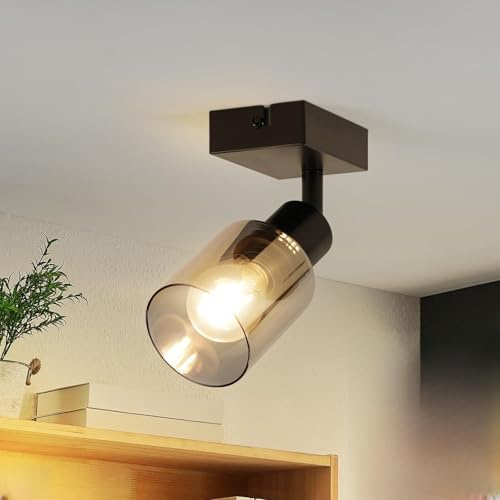 Kowanie Deckenstrahler Vintage 1 flammig: Deckenleuchte Schwarz Industrial Deckenlampe Deckenspots Flur aus Glas Schwenkbar 350° Wandstrahler für Küche Wohnzimmer inkl. 4 × E14 4W 2700K Leuchtmittel