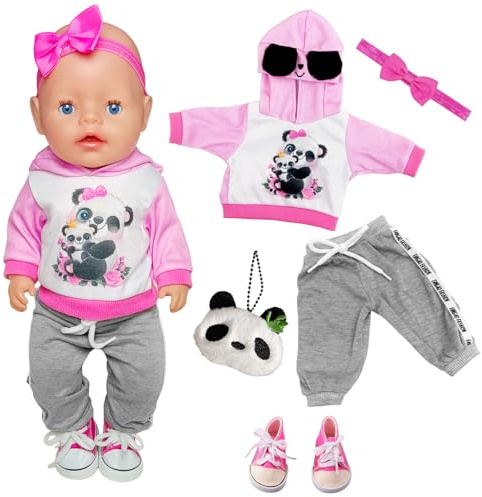 5 Stück Puppenkleidung 30-45 cm, Puppenkleidungsset 14–18 Zoll 1 Animal Element Kapuzensweatshirt 1 graue Hose 1 Haarband 1 Paar Segeltuchschuhe 1 niedliche Tasche Geschenke für Kinder Mädchen Jungen
