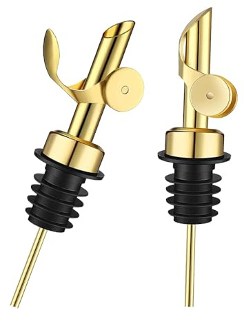 2 x Olivenölspender-Flaschenausgießer - Edelstahl-Auto-Ausgießer mit Flip-Top für Spirituosen, Öl, Essig, Sirup und andere Flüssigkeitsflaschen (golden)