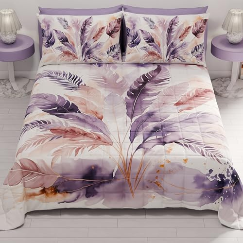 PETTI ARTIGIANI ITALIANI - Colcha Cama 220x260 cm Microfibra, Primavera Verano, Edredón Cubrecama una Plaza y Media, Colchas Bouti Modernas, Palma Lila, 100% Made in Italy