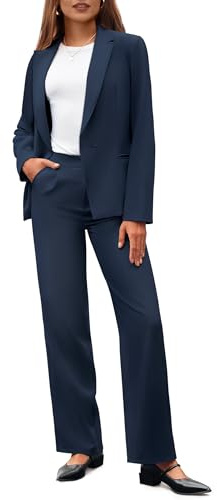 Casly Lamiit Business Casual Outfits for Women 2 Piece Pantsuits Notched Collar Blazer Wide Leg Pants Work Office Dressy Suit Set Navy Blue L