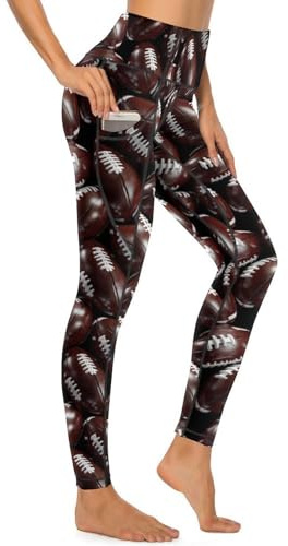 Yogahose mit Taschen für Damen – American Football-Druck, Workout-Leggings für Damen, Bauchkontrolle, Stil: 42, M