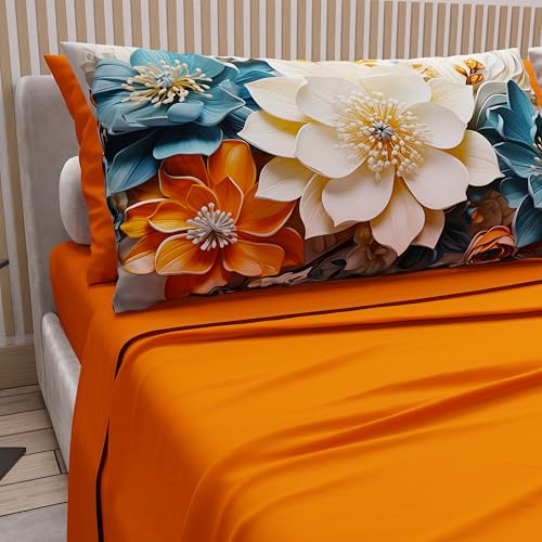 PETTI Artigiani Italiani - Lenzuola in Cotone con Federe in Stampa Digitale, Lenzuola Matrimoniali, Completo Letto Matrimoniale, Floreale 10 Arancione, 100% Made in Italy