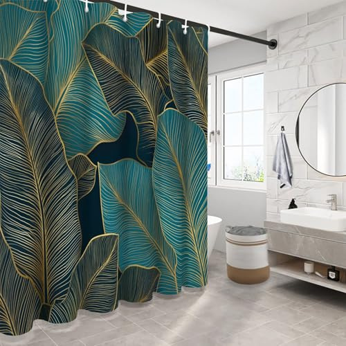 NAWVNMI Rideau Douche Anti Moisissure, Rideau de Douche 240 x 200 cm Feuille De Bananier Moderne Art Déco Rideaux de Baignoire Tissu Lavable Imperméable Rideaux Salle de Bain avec Crochets