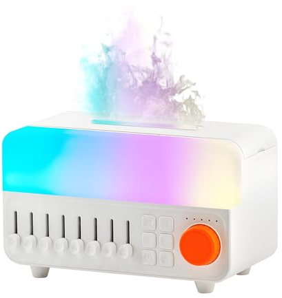 QUMOX A14 Difusor de Aceites Esenciales con Ruido Blanco, 150 ml, Luz Ambiental Cálida, Altavoz Bluetooth, Temporizador de 5 h y Alimentación USB para Dormitorio y Mesita, Blanco