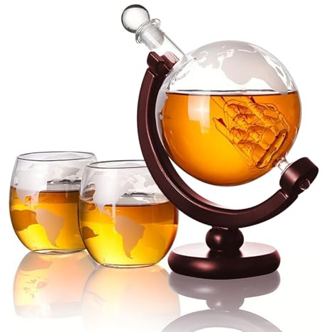 Whiskey Globe Decanter Set with Glasses, Glass Decanter with Stopper, | Globe Decanter for Wine, Cocktails, Liquor, Scotch, Ideal Men's Gift Set Featuring