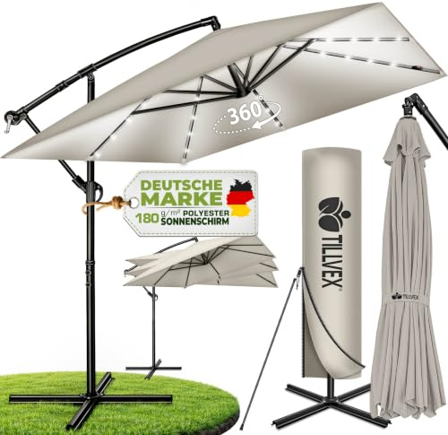 tillvex® Sonnenschirm Rechteckig Ø 330 cm + Abdeckung, Kurbel & Windschutz | Ampelschirm Aluminium Eckig mit Ständer | Alu Gartenschirm UV-Schutz | Kurbelschirm wasserdicht, 360° drehbar Terrasse Garten
