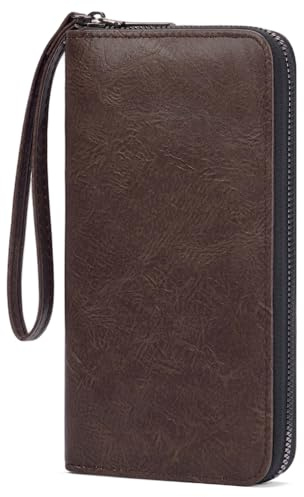 SENDEFN Portafoglio Uomo, Porta Carte di Credito Grande | Portacarte di Blocco RFID, Portafoglio con Cerniera e Passante da Polso, Pelle Vegan