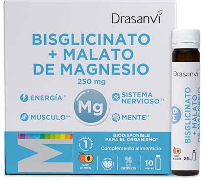 Drasanvi Bisglicinato de Magnesio + Malato de Magnesio 250 mg | Magnesio Líquido Alta Absorción | 10 Viales Bebibles 25 ml | Energía, Músculos y Sistema Nervioso | Sabor Melocotón | Vegano