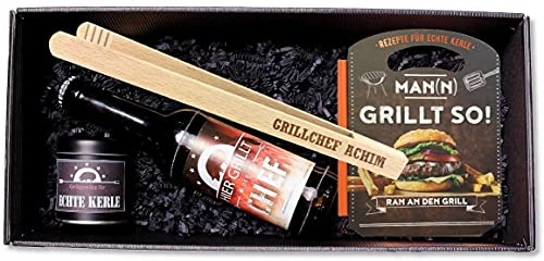 schenken-24 Geschenkbox 'Grillchef'- Grillzange mit hochwertiger Gravur zur Auswahl - Bier - Grillbuch - Vatertag -Geburtstag - BBQ -, Grillzangen Namen:Martin
