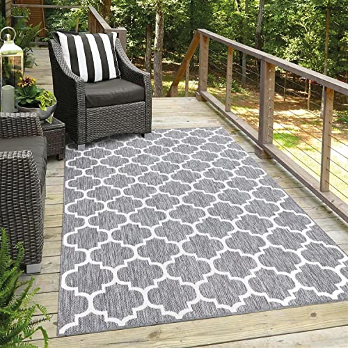 Outdoor-Teppich Flachgewebe Teppich Terrasse Balkon, Modern mit Geometrischen Muster in Grau für Außen- und Innenbereich Größe 200/290 cm