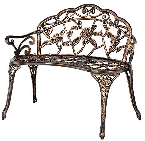 VINGLI 38.5 Patio Park Garden Outdoor Metal Rose Bench, 2-Person Cast Iron Cast Aluminium Frame Antique Finish Chair,Accented Lawn Front Porch Path Yard Decor Deck Furniture (Bronze, Rose)