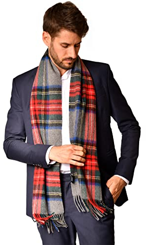 MayTree Kaschmir-Schal für Damen und Herren - Weicher Wollschal aus 100% Kaschmir, kariert, 180 x 30 cm - Luxuriöser Winter-Schal - Tartan Rot Grau