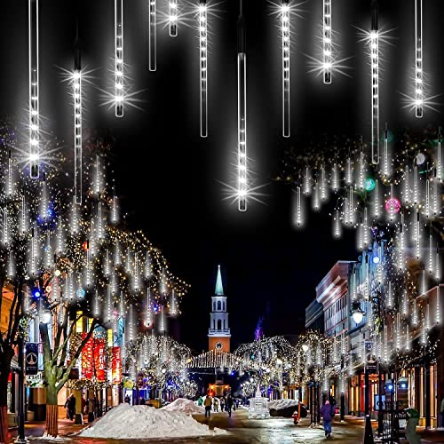 288LED Meteoros Lluvia Luces,KINGCOO Impermeable 30cm 8 Tubos Solar Meteoritos Mangueras Guirnaldas Luminosas Luz Navidad para Jardín Exterior Interior Fiesta Boda Decoración (Blanco)