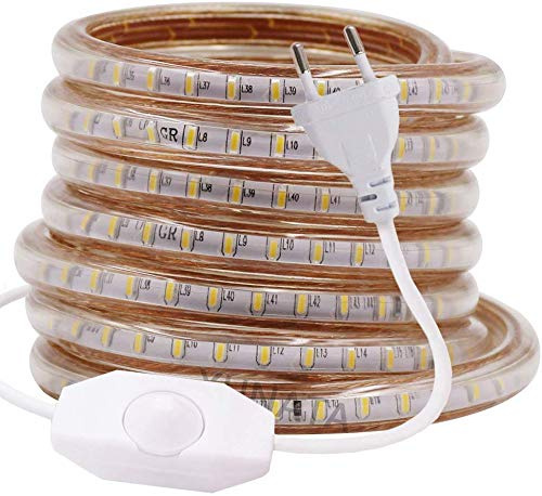XUNATA 7m Dimmerabile Strisce LED 220V con Interruttore Dimmer, SMD 3014 120LED / m, IP65 Impermeabile, Flessibile Striscia a LED per Scaletta Tetto Cavi da Cucina Decorazione- Bianco Caldo