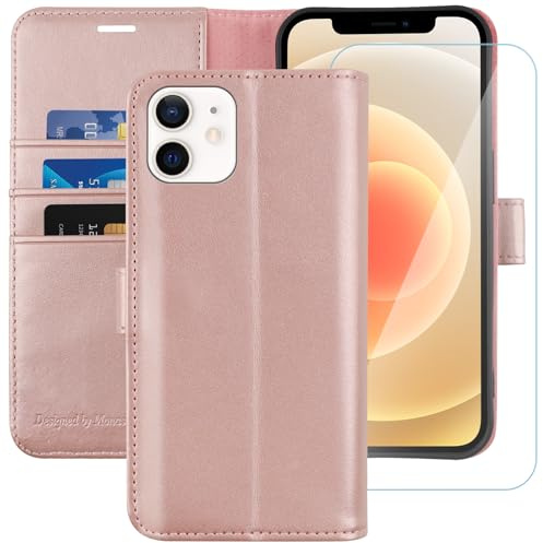 MONASAY Hülle Fit für iPhone 12 Mini 5,4 Zoll Handyhülle,[Schutzglas][Verdicktes TPU][RFID Schützt][Kartenfächer][Standfunktion][Magnet],Stoßfeste Schutzhülle Klapphülle Flip Case, Rosagold