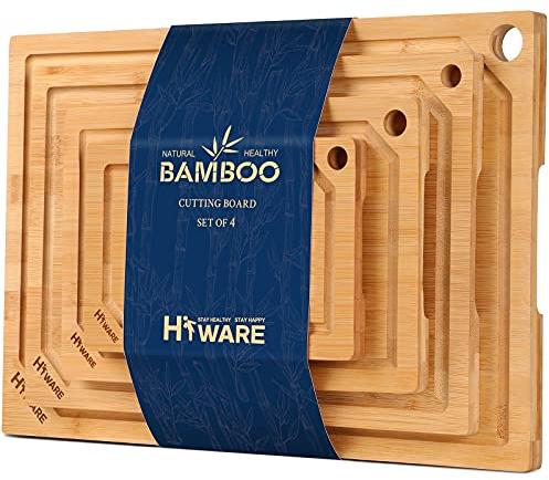 Hiware 4-Piece Extra Large Bamboo Cutting Boards Set for Kitchen, Heavy Duty Cutting Board with Juice Groove, Bamboo Chopping Board Set for Meat, Vegetables - Pre Oiled