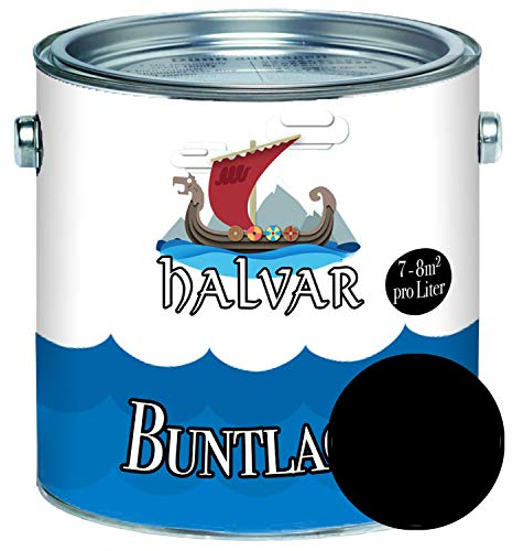 Halvar Buntlack für Holz & Metall SEIDENMATT Weiß Grau Schwarz RAL 9001-9018 Holzfarbe Holzlack Innen Außen robuster Kunstharzlack Wetterbeständig perfekter Langzeitschutz (2,5 L, RAL 9005 Schwarz)