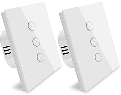 Smart Lichtschalter, Wlan Alexa Lichtschalter 3 Gang, Gehärtetes Glas Touch-schalter, Arbeitet mit Alexa & Google, APP Fernbedienung, Timing-Funktion, Nullleiter Erforderlich, Weiß 2 pack