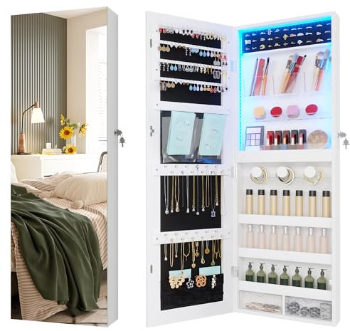 LVSOMT Over The Door Jewelry Organizer, 6 LED Wall Mounted Jewelry Cabinet