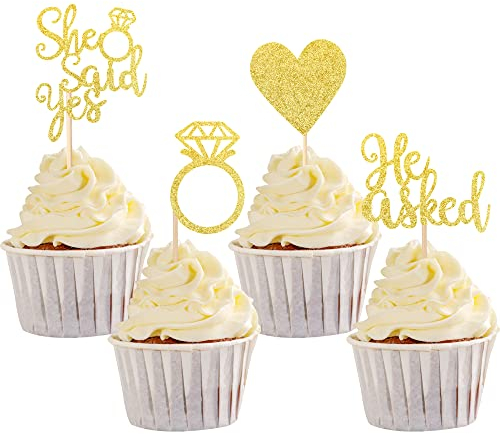 SYKYCTCY 24 Pack He Asked She Said Yes Cupcake Toppers Gold Glitter Heart Ring Wedding Engagement Cupcake Picks Bridal Shower Bachelorette Party Cake Decorations Supplies