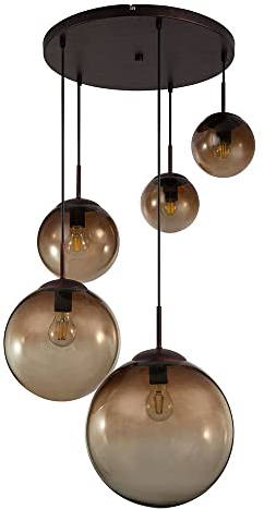 Decken Pendelleuchte mit Glas Lampenschirmen in amber Hängeleuchte 5 flammig Retro Hängelampe, 5x E27, Höhe 150 cm, Kugeln in verschiedenen Größen