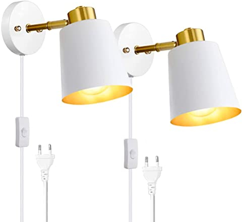 2-Set Wandleuchte mit Stecker und Kabel Schwenkbar Verstellbare Wandlampe mit Schalter Weiß Metall Schirm E27 Nachttischlampe Wand Leselampe Wandbeleuchtung für Schlafzimmer Wohnzimmer Kinderzimmer