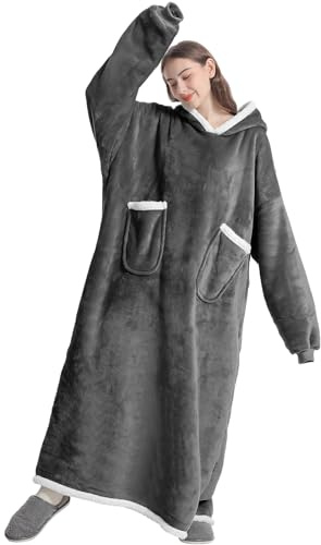 Emwwat Extra Lange Hoodie Decke, Übergroße Sherpa Hoodie Decke für Damen und Herren, tragbare Decke Hoodie mit Ärmeln und Riesentasche