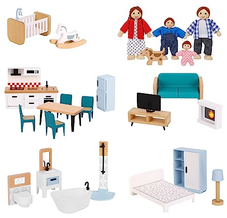 OOOK Wooden Dollhouse Furniture Set for Kids, 26 Pcs Dollhouse Accessories with 4 Family Dolls and Dog, Miniature Doll House Furniture Toys Pretend Play Set for G irls Boys Age 3+