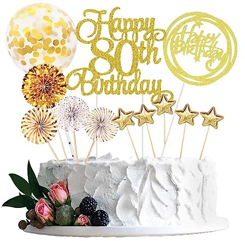 Jxuzh Lot de 80 Décorations de Gâteau d'Anniversaire - Or et Noir - Happy 80 Ans