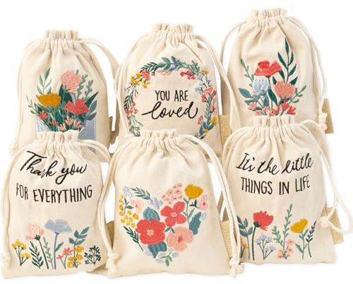 Papierdrachen 6er Set Bestickte Säckchen mit Floral Design - Liebevolle Botschaften, Premium Baumwollmix, Vielseitig Einsetzbar - Set 1