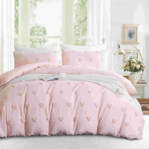 Freyamy Boho Bettwäsche 155x220 Rosa Getuftet Herz Bettwäsche Set | Stickerei Shabby Chic Bettwäsche Aesthetic,2 teilig,Microfaser ÖKO-TEX Bettbezug mit Reißverschluss und 1 Kissenbezug 80x80cm