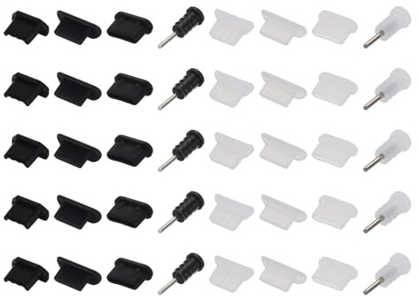 sourcing map 40pcs Phone Port Duct Cover 4 Types Plugs Silicone Caps, USB Type C/Micro USB/3.5mm Audio Headphone Jack, Black/White