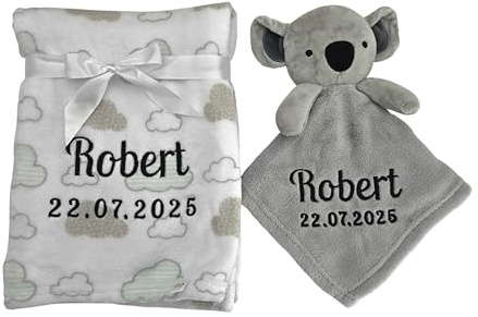 KIDDI-MEDIA Babydecke, Grau Koala, mit Name und Geburtsdatum | inklusive Trösterchen, Bestickt/kuschelig weich