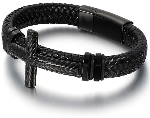 BISONBLUE Armbänder Herren Armband Geschenk Armreif Geflochtenes Lederarmband Für Männer, Christliches Kreuz, Armbänder Für Männer, Religiöse Freundschaft