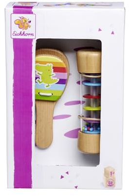 Eichhorn 100003491 - Musik Set Rassel, bestehend aus Regenmacher & Kastagnette, farbenfrohes Musikspielzeug aus 100% FSC zertifiziertem Buchenholz, ab 2 Jahren