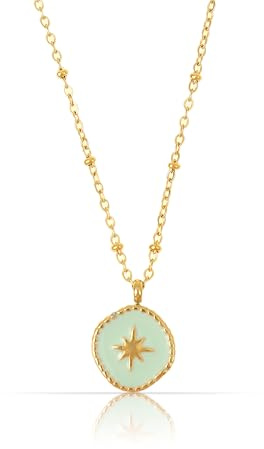 Made by Nami Edelstahl Kette Damen in Gold mit Türkiser Münze und Goldenem Stern Geschenk für Frauen oder beste Freundin 40 + 5 cm Länge