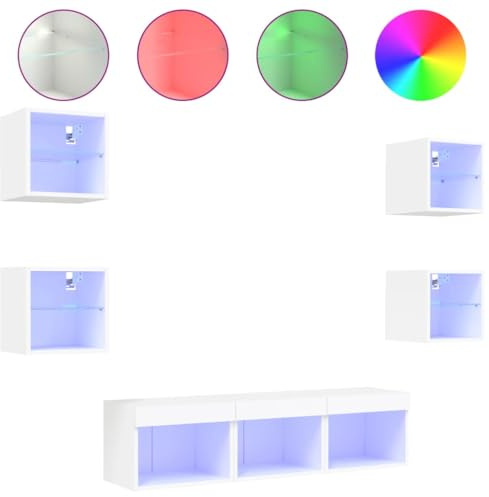 vidaXL Wohnwand 7-TLG., Schrankwand mit viel Stauraum, Anbauwand mit LED-Beleuchtung, Wandmontage Fernsehschrank Wohnzimmer Set Schrank, Weiß Holzwerkstoff
