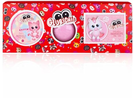 Accentra - Badeset GLUBSCHIS in Geschenkbox, inkl. 100g Badesalz, 100g Badeseife und 100g Badebombe, Motiv Dreamie & Milky Fee – Geschenk Set für Mädchen oder Jungen zum Geburtstag oder Weihnachten