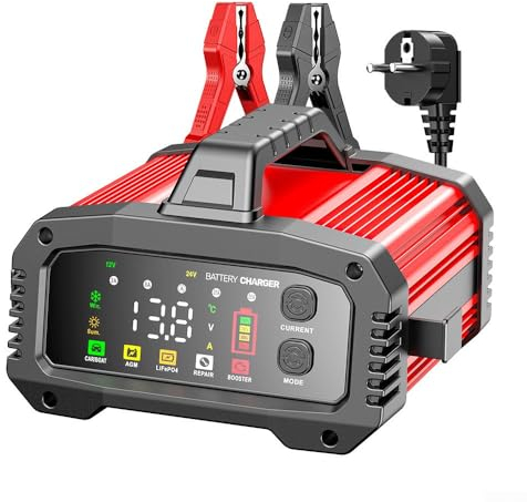 Autobatterie Ladegerät, 12V/24V vollautomatisches Ladegerät 2-25A Puls Reparatur Smart Battery Charger, Ladegerät Motorradbatterie Erhaltungsladegerät für Auto Motorrad KFZ PKW(US)
