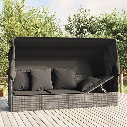 Rantry Gartensofa mit Sonnendach und Kissen Gartenliege Möbel mit Sonnenschutz Sofabett Sonnenliege Sofa Bett Gartenliege Möbel Gartensofa Grau und Dunkelgrau Poly Rattan