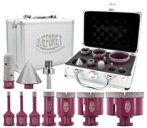 QUEFORET Punte Diamantate Gres Porcellanato 10 Pezzi - 7 Pezzi 6/6/8/20/35/50/68mm x M14 Punte Trapano, 20mm Fresa, 50mm Punte Smusso, Adattatore per Porcellana Piastrelle Ceramica Marmo Granito