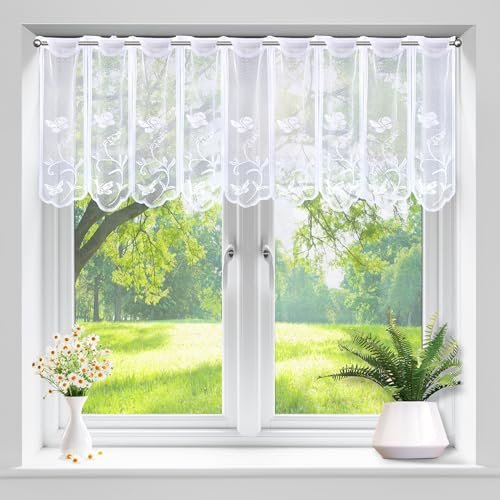 Heveer Scheibengardine Bistrogardine Halbtransparent Vorhänge Kurzstores Fensterschal mit Blumen Kurzgardine für Fenster Küche Wohnzimmer BxL 45 * 144cm