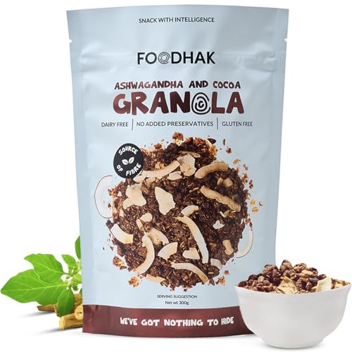 FOODHAK Ashwagandha and Cocoa Gluten Free Granola Breakfast Cereal (Pack of 1) 300g – Made in the UK with Cocoa Butter, Maple Syrup, Fibre Rich Granola cereal & Sea Salt – Beneficial for Digestion