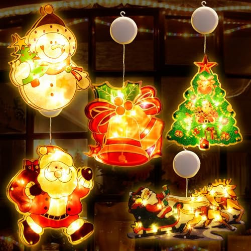 5 Stück Fensterdeko Weihnachten,LED Weihnachtsdeko Fenster mit Saugnäpfen Weihnachtsbeleuchtung Fenster Weihnachtsdeko Innen Außen Weihnachts Licht Hängende Fensterlich Lichterkette für Partys Feste
