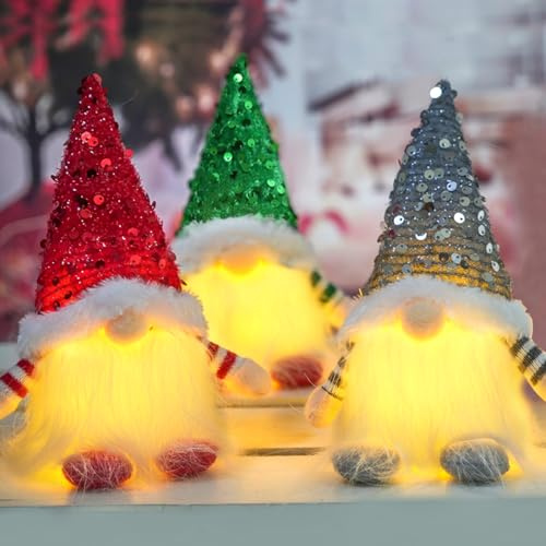O-Kinee Jultomtar med ljus, 3 stycken tomtefigurer, jul, juldekoration tomtar, jultomtar med LED, för juldekoration inomhus, adventsarrangemang, dekoration, juldekorationer