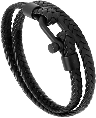 Forge & Foundry Men's Black Braided Leather Bracelet | Matte Black D-Shackle Screw Clasp | Design-Led, Artisan Jewellery from London