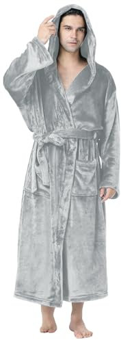 Fleece-Bademantel für Herren, leichter Morgenmantel, Flanell-Pyjama, einfarbig, mer Bademantel mit Taschen und Gürtel, Kapuzenmantel, Schlafmantel, Schlafmantel, Kapuzenmantel, gemütlicher